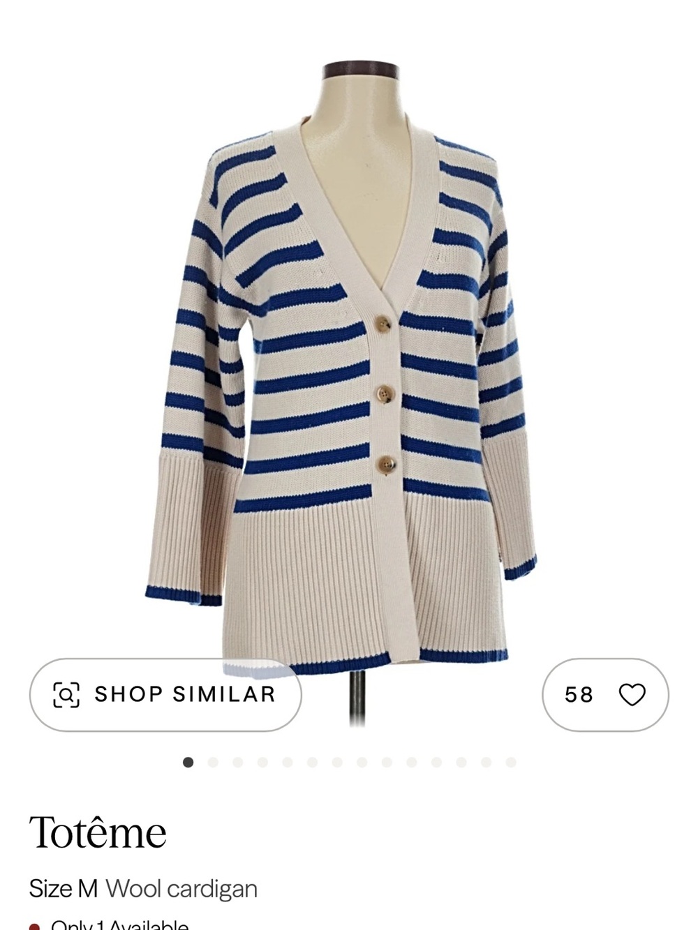Toteme Cream and Blue Striped V-Neck Button Cardigan